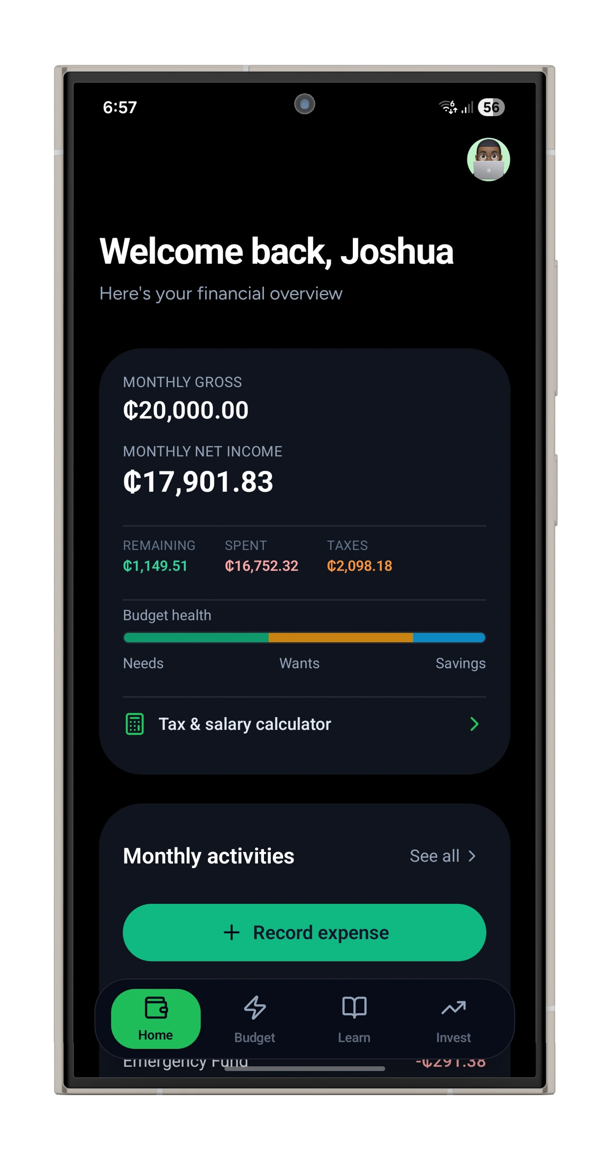 CediWise salary calculator and budgeting app interface