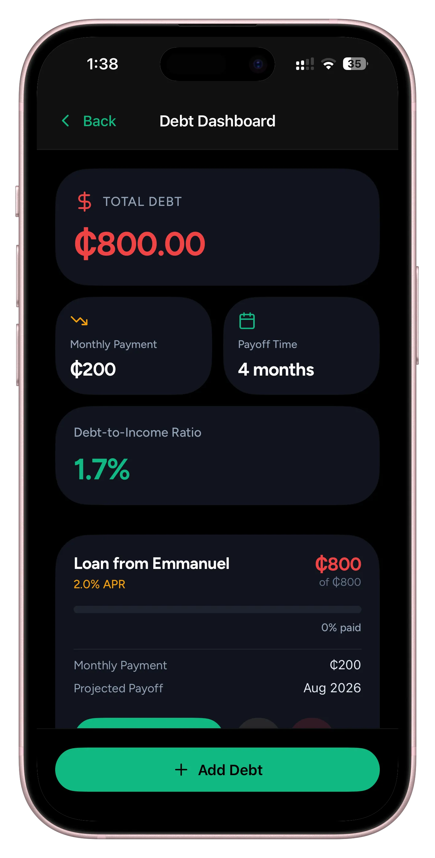 CediWise Debt Dashboard feature screenshot