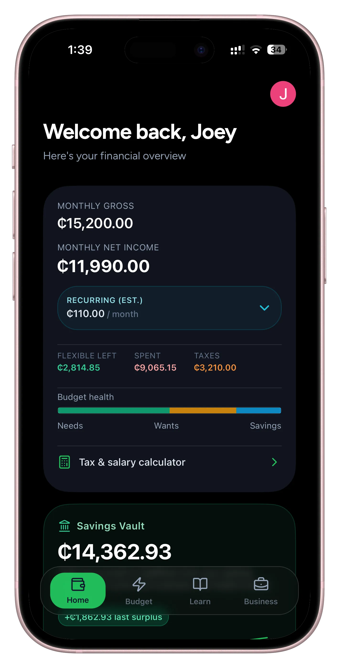 CediWise salary calculator and budgeting app interface